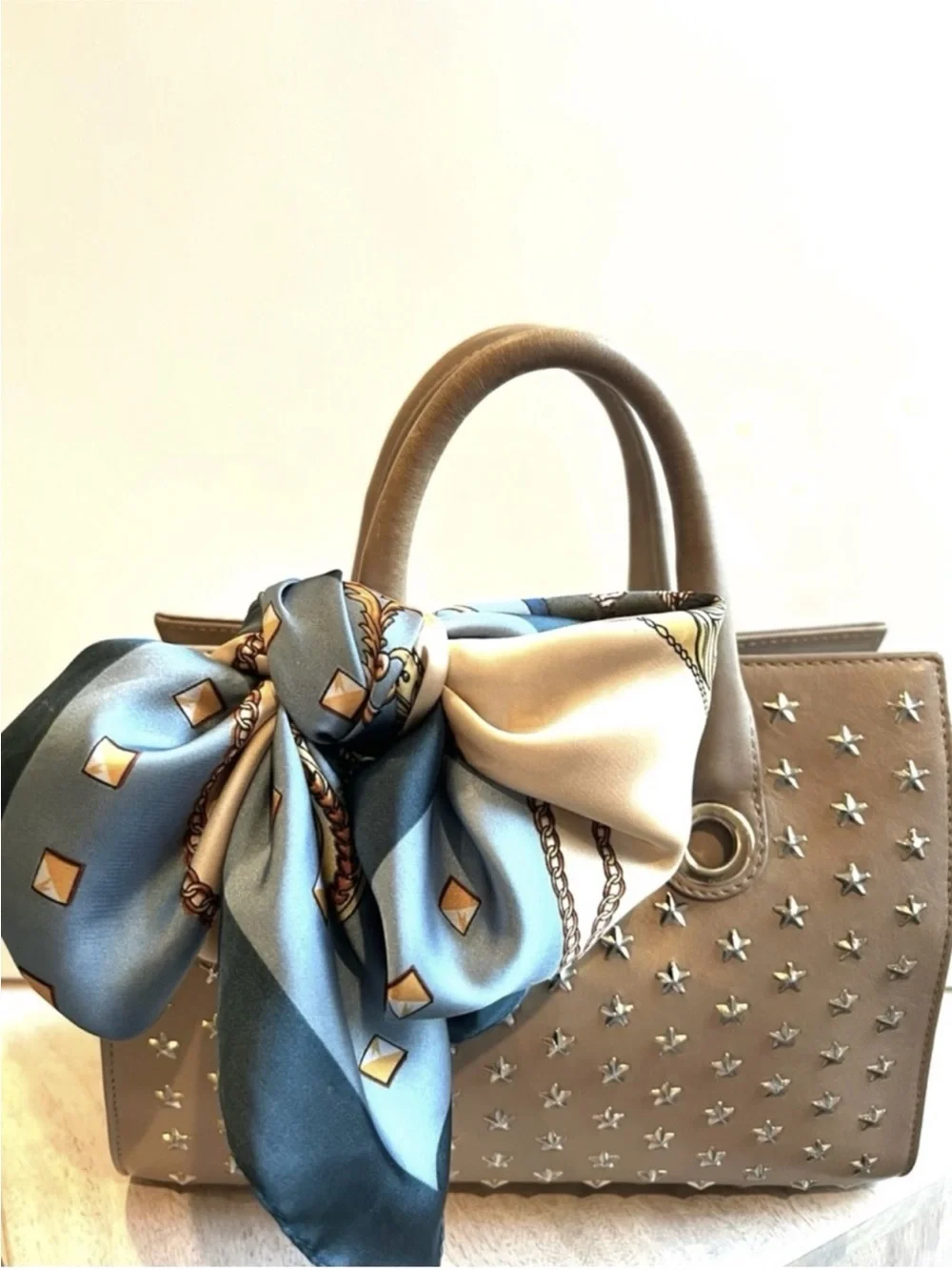 Authentic Jimmy Choo Taupe Leather Star Studded Satchel Shoulder/Crossbody Bag